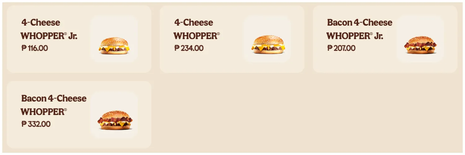 burger king menu 2023 4 cheese whopper®