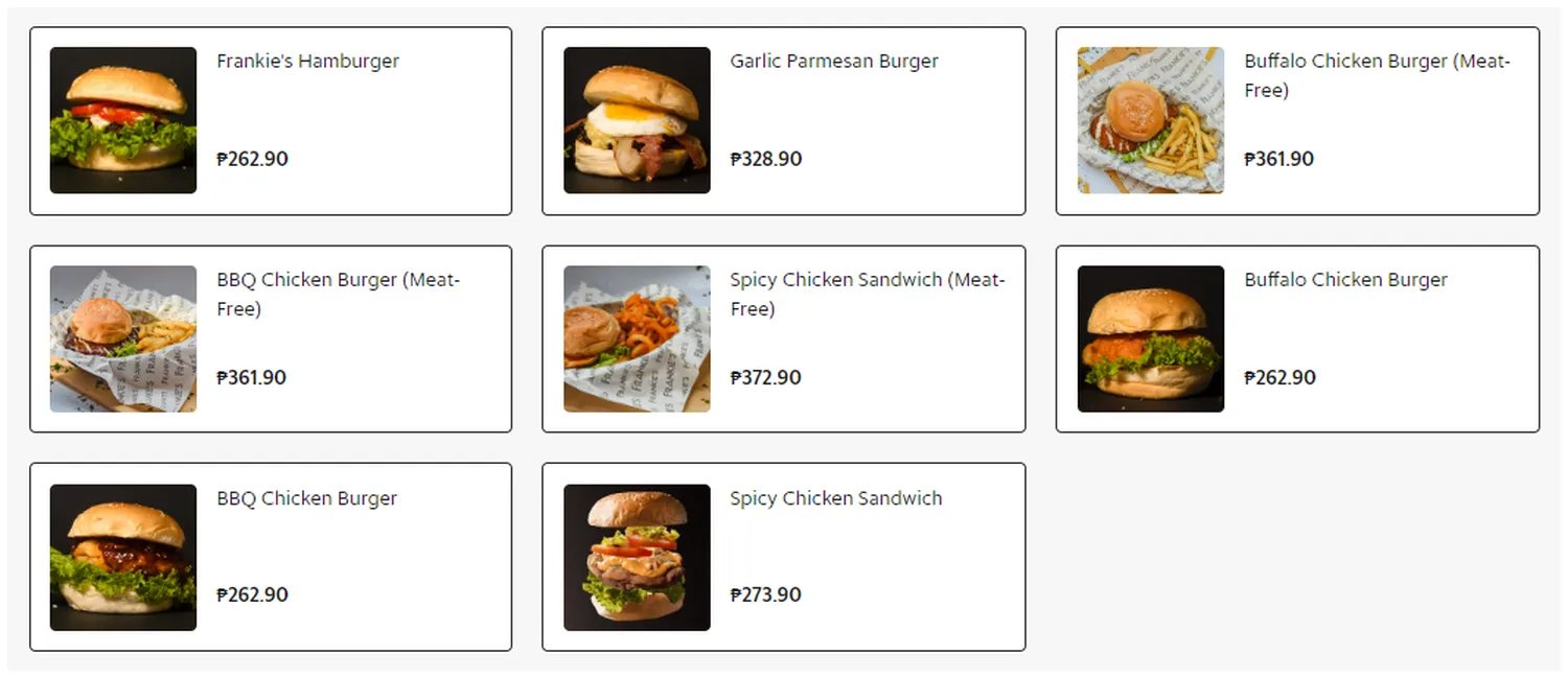 frankies menu philippine burgers with a choice of fries or nachos as side
